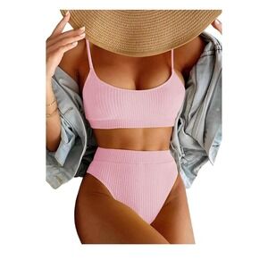Lilosy High Waisted Tummy Control Ribbed Bikini Crop Top Brazilian Swimsuit Set